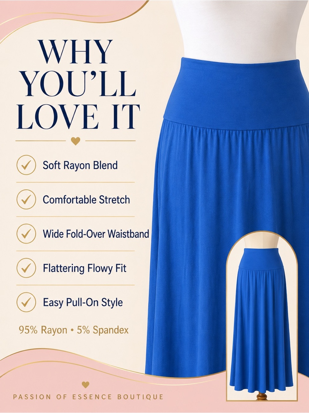 Royal Blue Fold-Over Waist Flowy A-Line Maxi Skirt - Picture 6 of 15